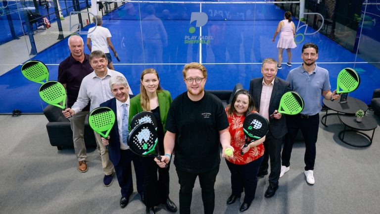 Play Padel’s CEO Alex Fleming is pictured centre with, from left to right, Andy Tyas and Ian Whitworth of Mercia Business Loans, the Lord Mayor of Sheffield Cllr Andrew Sangar, Jemima Jones of British Business Bank, Gillian Taberner of South Yorkshire Pensions Authority, Paul Wainwright of FW Capital and Brad Green of Castle Square Corporate Finance