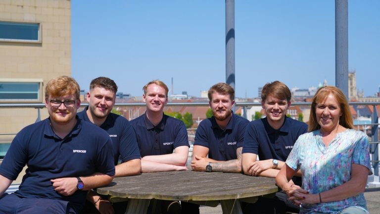 Pictured with Group HR Director Yvonne Moir are, from left, successful degree apprentices Alistair Sceats, Matthew Hunter, Tom Dubej, Jack Waslin and Oliver Wilkinson.